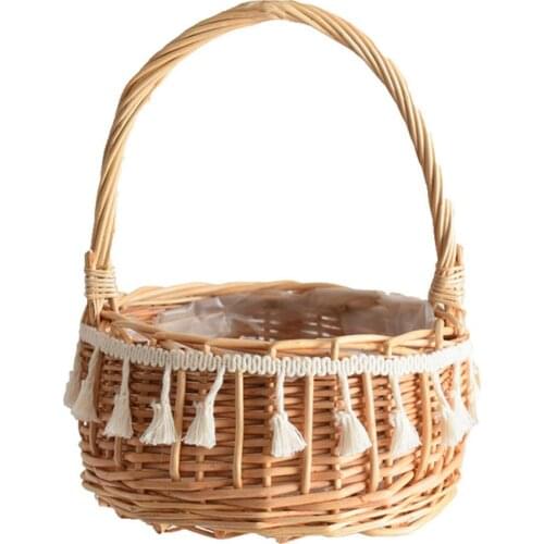 Round Woven Flower Basket With Tassels And Handle Picnic Foods Storage Basket Wedding Party Decoration Kitchen Storage Container
