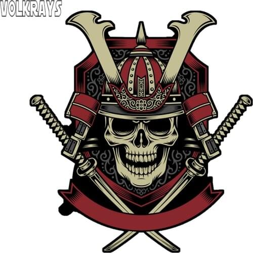 Volkrays Funny Car Stickers Samurai Warrior Skull with Crossed Katana Swords Decal Personality Decal Vinyl,14cm*13cm