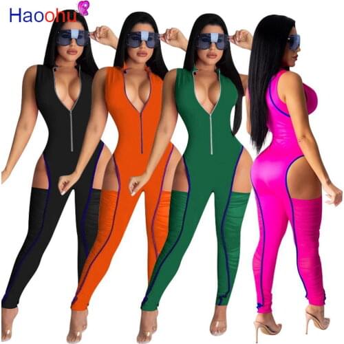 Solid Side Leg Hollow Out Bodycon Rompers Jumpsuit For Women Sexy Sleeveless Body Bandage Pants Overalls Club One Piece Outfit