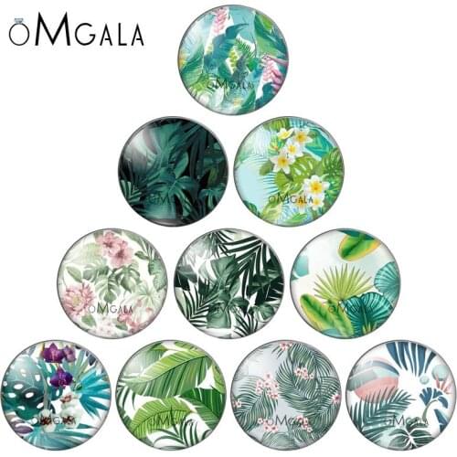 OMGALA Tropical Green Plant Leaf Round Glass Cabochon & Glass Dome Beads Jewelry Findings For Earring Necklace Keychain 12-30mm