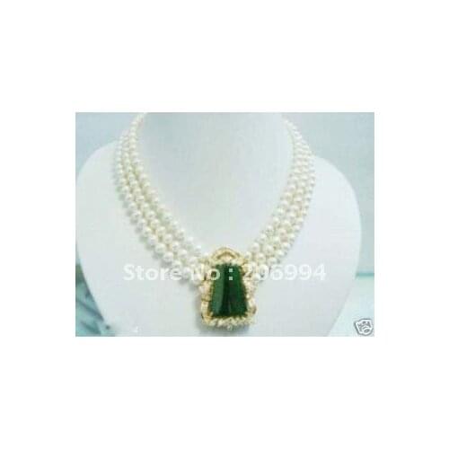 Wholesales Jewelry Womens jewelry 7-8mm white freshwater Pearl Necklace Green stone Pendant Free gift
