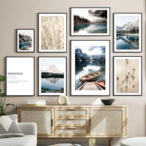 Autumn Snow Mountain Lake Fog Boat Flower Wall Art Canvas Painting Nordic Posters And Prints Wall Pictures For Living Room Decor
