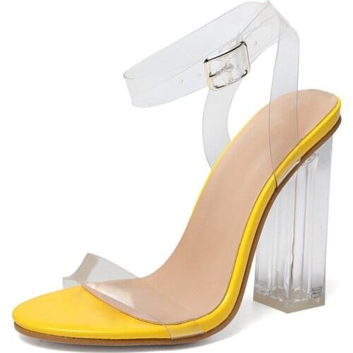 Large size sandals feminine sense buckle high-heeled sandals personalized transparent heel womens sandals