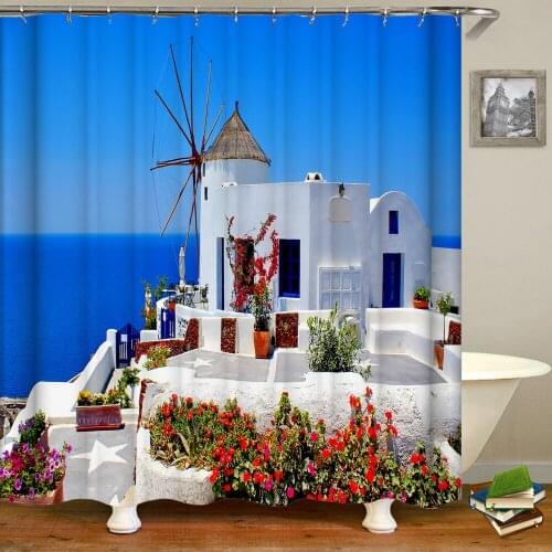 Mediterranean Island Flower Landscape Shower Curtains Bath Curtain Waterproof Bathroom Decor Washable Printing Bathing Curtains
