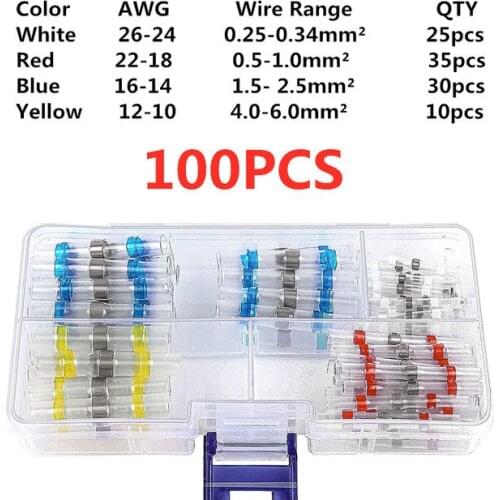 100Pcs Waterproof Solder Seal Heat Connector Shrink Butt Tube Connectors Terminals Electrical Wire Car Insulated Terminal Kit