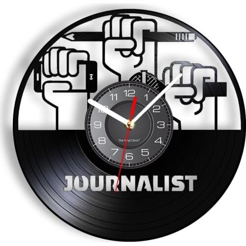 Journalist Vintage Wall Clock Made Of Real Vinyl Record Cellphone Pen Microphone Reporter Laser Cut Wall Watch Disk Handicraffs