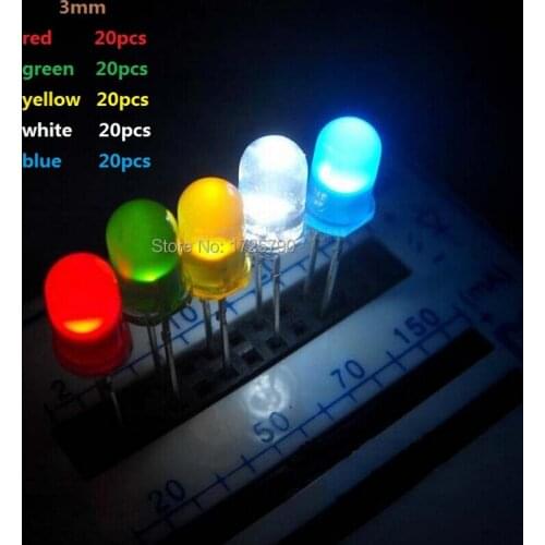 High Quality 100pcs 3mm Diodes LED Light 5 colors White Yellow Red Green Blue Assorted Kit DIY Set