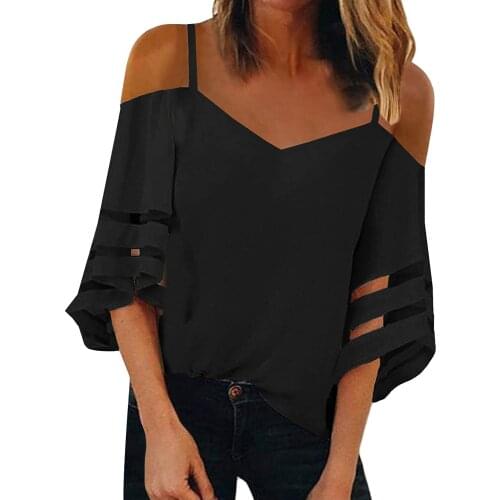 Womens Dew Shoulder V Neck Mesh Panel Blouse 3/4 Bell Sleeve Casual Shirt Solid Color Cold Shoulder Summer Holiday Blusas Tunic