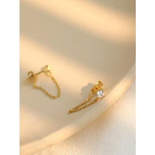 Cubic Zirconia Chain Earrings Sterling Silver Delicate Rhinestone CZ Studs Female Gold Dangle Earrings For Women