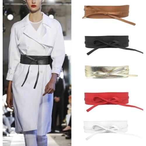 Women Soft Faux Leather Solid Color Waist Belt Bow Tie Wide Wrap Around Boho Corset Vintage Elegant Bodice Waistband for Dress