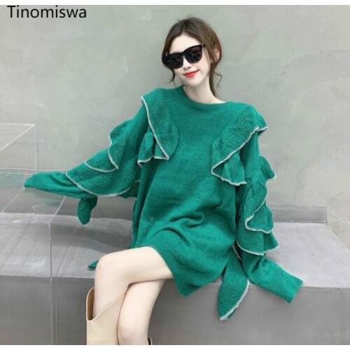 2020 Women Ruffles Patchwork Knitting Sweater Female Chic Long Sleeve O-neck Casual Slim Pullovers Tops Loose Oversized Jumpers