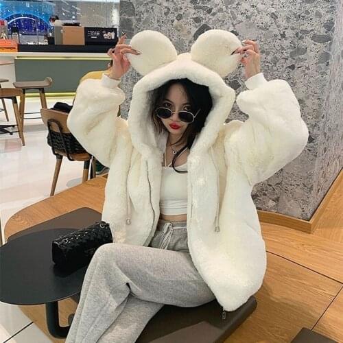 2021 Autumn Winter Women Solid Sweet Faux Fur Coat Female Loose Imitation Rabbit Fur Jacket Lady Thick Warm Hooded Jacket M376