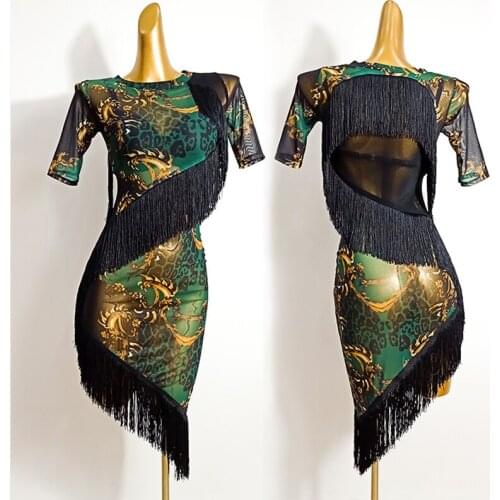 Latin Dance Dress Female Adult Retro Style Black Tassels Green Mesh Dress Ladies Rumba Performance Costume Stage Clothes 1925