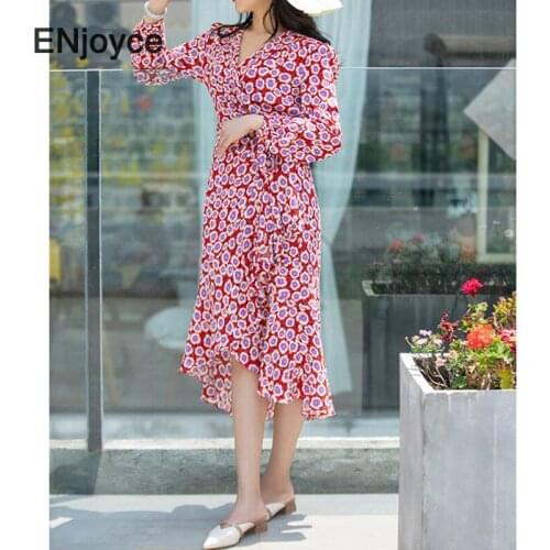 Luxury Red Daisy Midi Dress Women Long Sleeve High Waist Wrap Skirt Ladies Korean Elegant Slim Split Beach Holiday Dresses