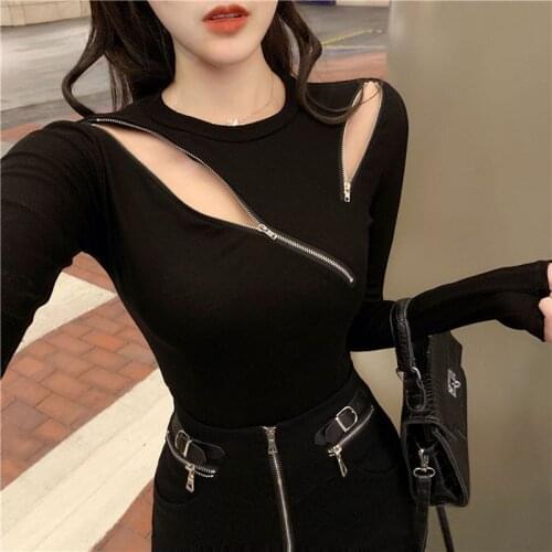 Zoki Fashion Women T Shirt Zipper Autumn Long Sleeve Slim Female Cropped Tees Casual O Neck Korean Black White Ladies Basic Tops