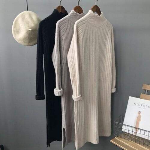 2020 Warm And Pullovers Stand Collar Elegant Women Long Sweater Casual Winter Dress Knitted Female Pull Femme