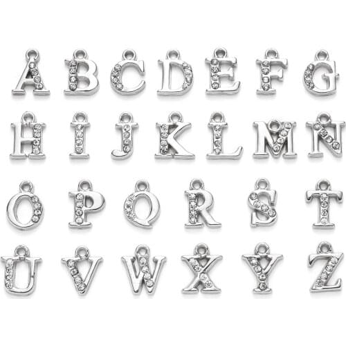 26pcs/set Alloy Rhinestone Charms Alphabet Letter A~Z Pendants for Bracelet Necklace Crafts Making 12.5~13.5x5.5~12x2.5mm