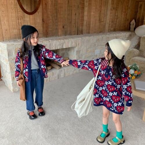 8497 Girls Clothes Sister Wear Autumn And Winter 2021 Korean Color Contrast Sweater Cardigan Or Woolen Dress Sister Clothes