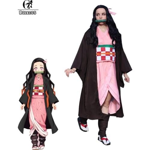 ROLECOS Anime Demon Slayer Kamado Nezuko Cosplay Costume Kimetsu no Yaiba Cosplay Costume Halloween Women Uniform Kimono
