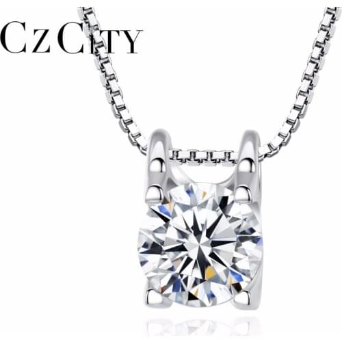 CZCITY Classic Style 1 Carat Single Cubic Zirconia Genuine 925 Sterling Silver Pendant Exquisite Shinning CZ Pendant Necklace