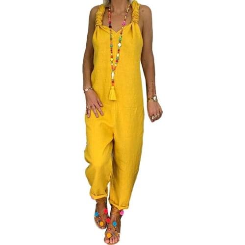 Women Solid Color Bib Overall Sleeveless Backless Knotted Jumpsuit Dungarees