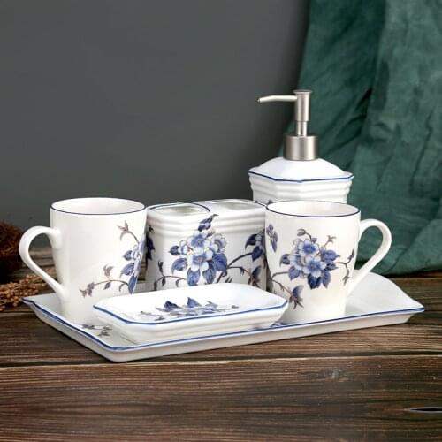 European Blue and White Ceramic Bathroom Supplies Five-piece Mouthwash Cup Lotion Bottle Soap Box Toothbrush Cylinder Set Gift