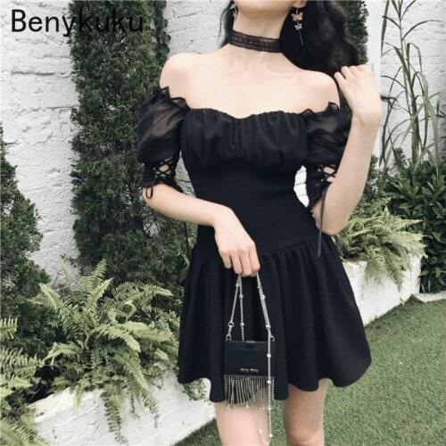 Gothic Punk Girls Off Shoulder Mini Dress Summer Female A-Line Club Party Dresses Women Mesh Short Sleeve Slash Neck Sexy Dress