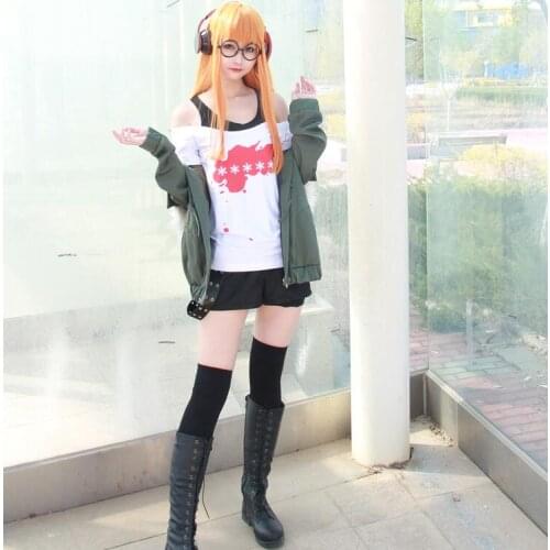 Anime Cosplay Persona 5 Cosplay Costume Futaba Sakura Uniforms Jacket+T-shirt+Shorts+Belt+Stockings+Glasses for Halloween Party