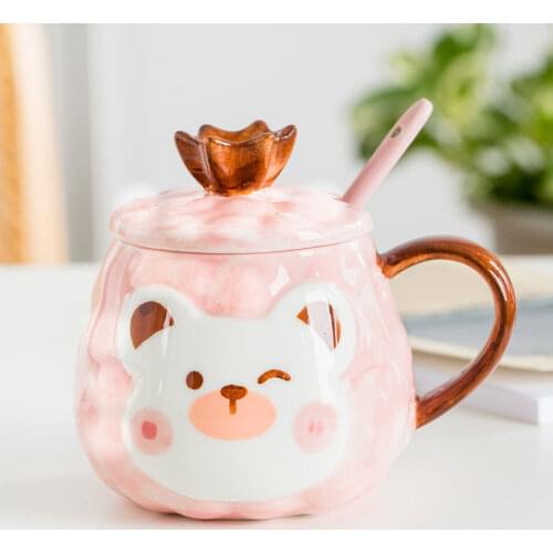 Ins Korean Cute Bear Ceramic Cup Breakfast Creative Water Cup With Spoon Cover Mug For Girl Students