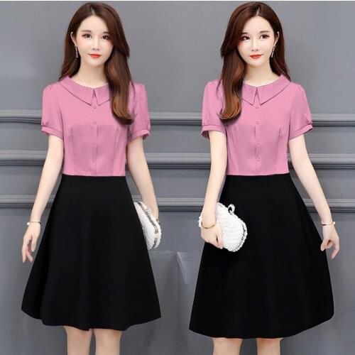 Summer Temperament Plus Size Buttons Patchwork Vintage 3 Colors Doll Collar A-line Slim Women Party Cocktail Dresses 7825