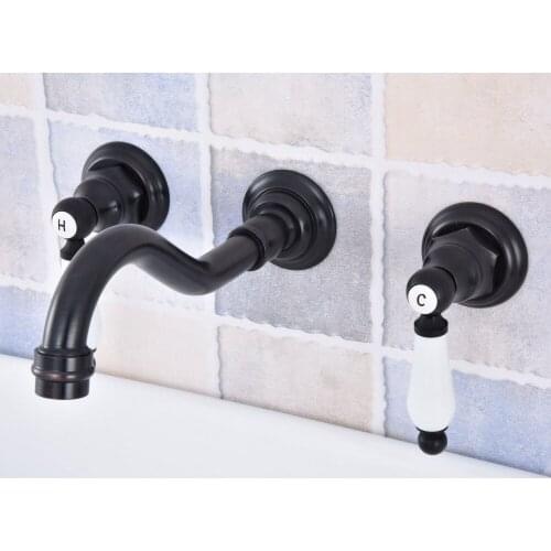 Brass Black Double Handles Bathroom Faucet Wall Mounted Basin Tap Bathtub Water Mixer Tap Nsf497