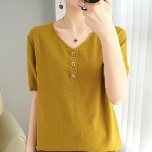 2021 new V-neck pure cotton short-sleeved T-shirt womens pullover loose short casual half-sleeved bottoming shirt