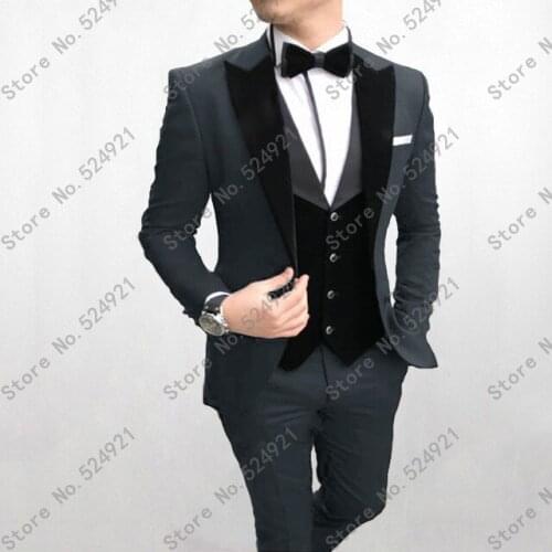 New Groomsmen Peak Velvet Lapel Groom Tuxedos Charcoal Grey+Black Men Suits Wedding Best Man (Jacket+Pants+Bow Tie+Vest) C633