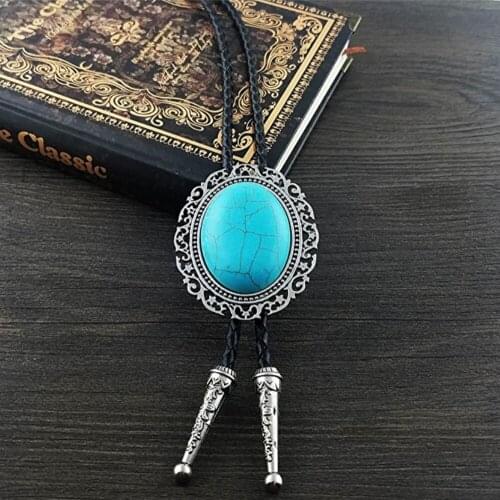 Original Western Cowboy BOLO Tie Clip Middle Inlay Big Turquoise Wavy Lace PU Leather Rope Mens Fashion Jewelry