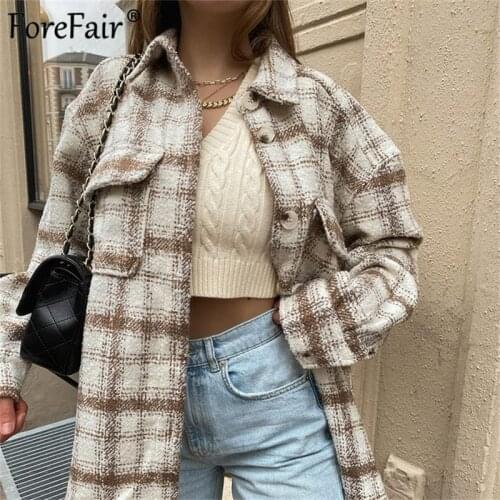 Forefair Plaid Winter Coat Fashion Women Front Pocket Vintage Casual Loose Top Drop Shoulder Botton Woman Jacket