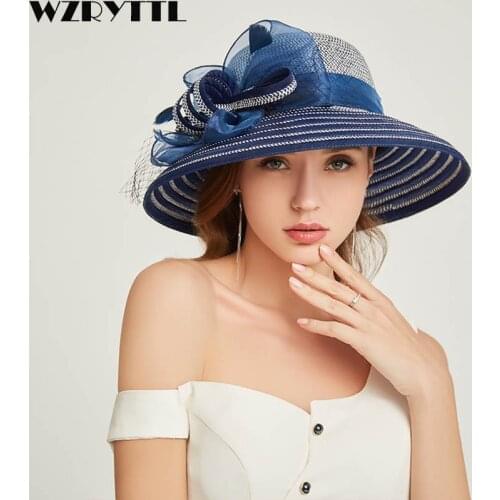 Womens Kentucky Derby Hat Luxury Wide Brim Floral Feather Aside Patchwork Paper Straw Sun Hat Summer Church Party Wedding Hat