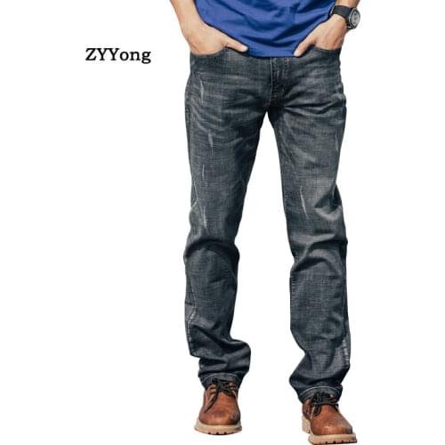 Spring And Autumn Men Straight Jeans Breathable Large Size Baggy Gray Leisure Elastic Denim Pants Hip Hop Skateboarder Trousers