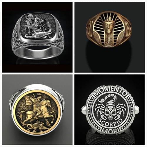Vintage Punk Rings for Men Hexagon Spaceship Pharaoh Knight Scorpion Totem Thumb Ring Couple Diablo Party Jewelry Gift