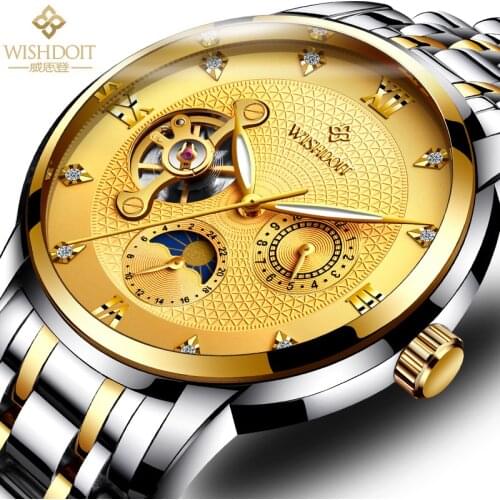 WISHDOIT Luxury Men Watches Moon Phase Luminous Waterproof Large Dial Multifunctional Mens Mechanical Business Clock Watch