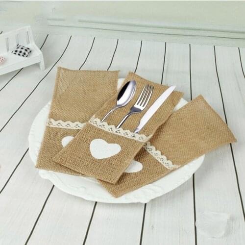 Vintage Burlap Lace Cutlery Pouch Linen Rustic Jute Hessian Rustic Wedding Decoration Party Birthday Tableware Holder Bag DIY