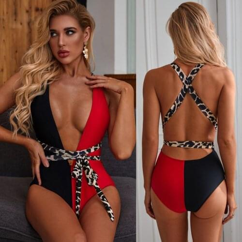 Autuspin Sexy Deep V-Neck Bodysuit Leopard Womens Swimsuit Patchwork Club Bodycon Women Beach Bathing Suit Brazilian Swimwear