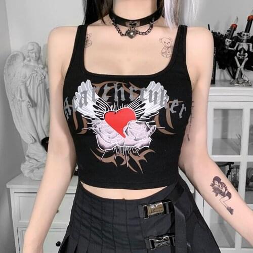 Gothic Broken Heart Wings Print Camis Sexy Grunge Harajuku Backless Tank Tops Camisole Streetwear Punk Bodycon Women Summer Tops
