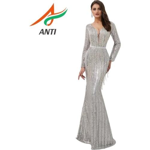ANTI Dubai Luxury Design Sliver Evening Dresses 2019 O-Neck Long Sleeve Tassel Sequined Formal Party Gowns Women robe de soiree