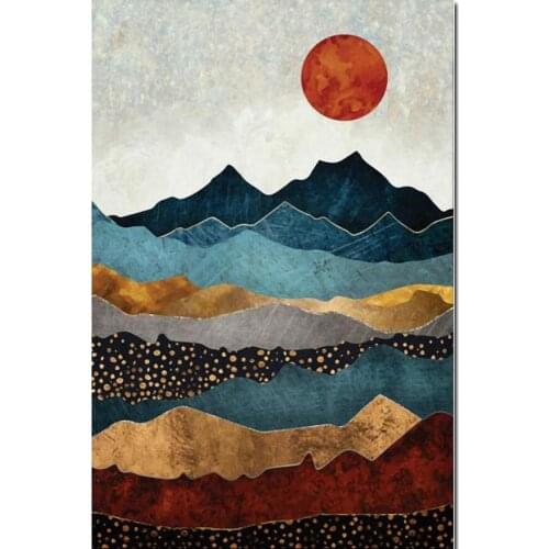 Gold Painting Abstract Landscape Canvas Wall Art Hand Painted Oil Paintings Red Sunset Blue Mountain Modern Artwork Living Room