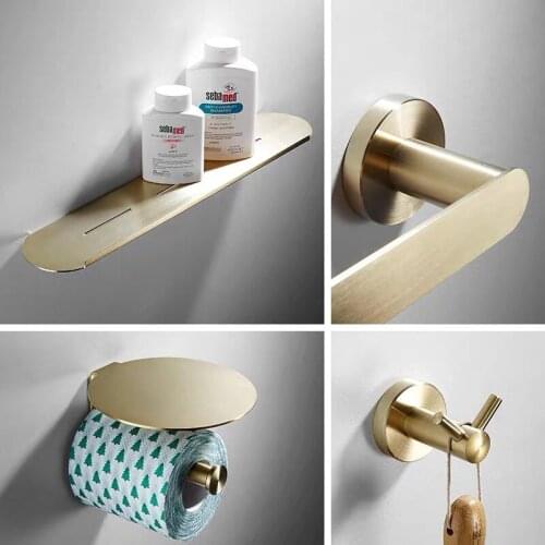 Gold Bathroom Hardware Set Paper Holder Towel Rack Robe Hook Towel Bar Stainless Steel Bathroom Accessories without nails