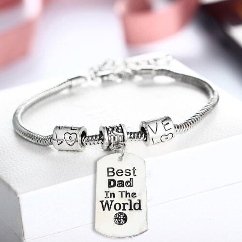 12PC Best Dad In The World Dog Tag Pendant Bracelets Love Bead Chain Bangles Dad Daddy Papa Fathers Day Gift Car Key Holder Hot