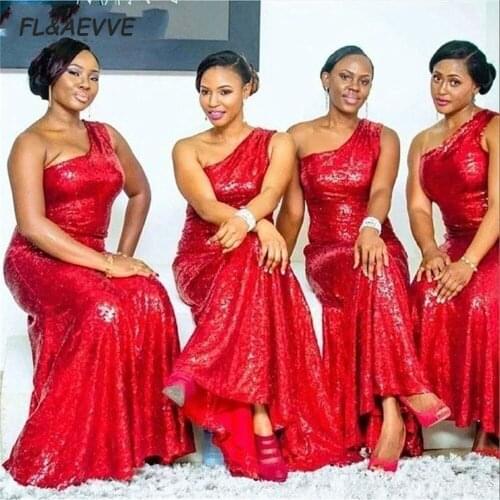 2021 Sequins Bridesmaid Dresses One Shoulder Mermaid Wedding Party Dress African bridesmaid dress for Black Girls