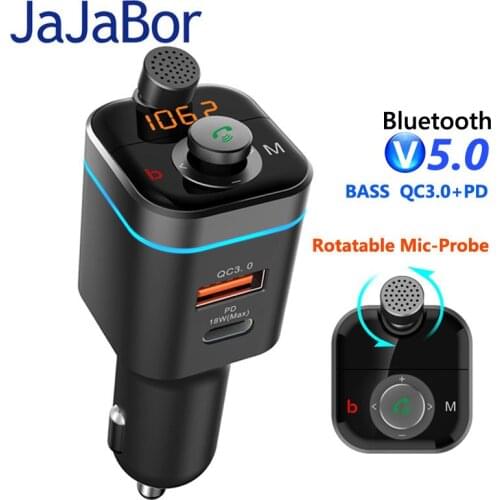 JaJaBor Bluetooth 5.0 Car Kit Handsfree Wireless FM Transmitter Car MP3 Player QC3.0+PD 18W USB Charger with Rotatable Mic-Probe