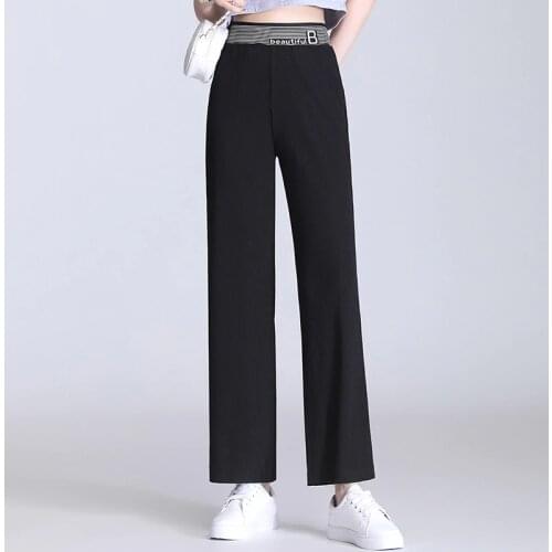 Summer Casual Pants Women Korean Fashion All Match Elastic High Waist Ankle-Length Pantalones Ice Silk Wide-Leg Straight Pants