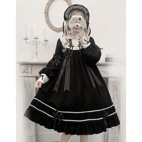 Lolita Cute Black Dress Teens Girl Women Gothic Vintage Long Sleeve Doll Dresses Kawaii Ruffle Cosplay Party Princess Dress